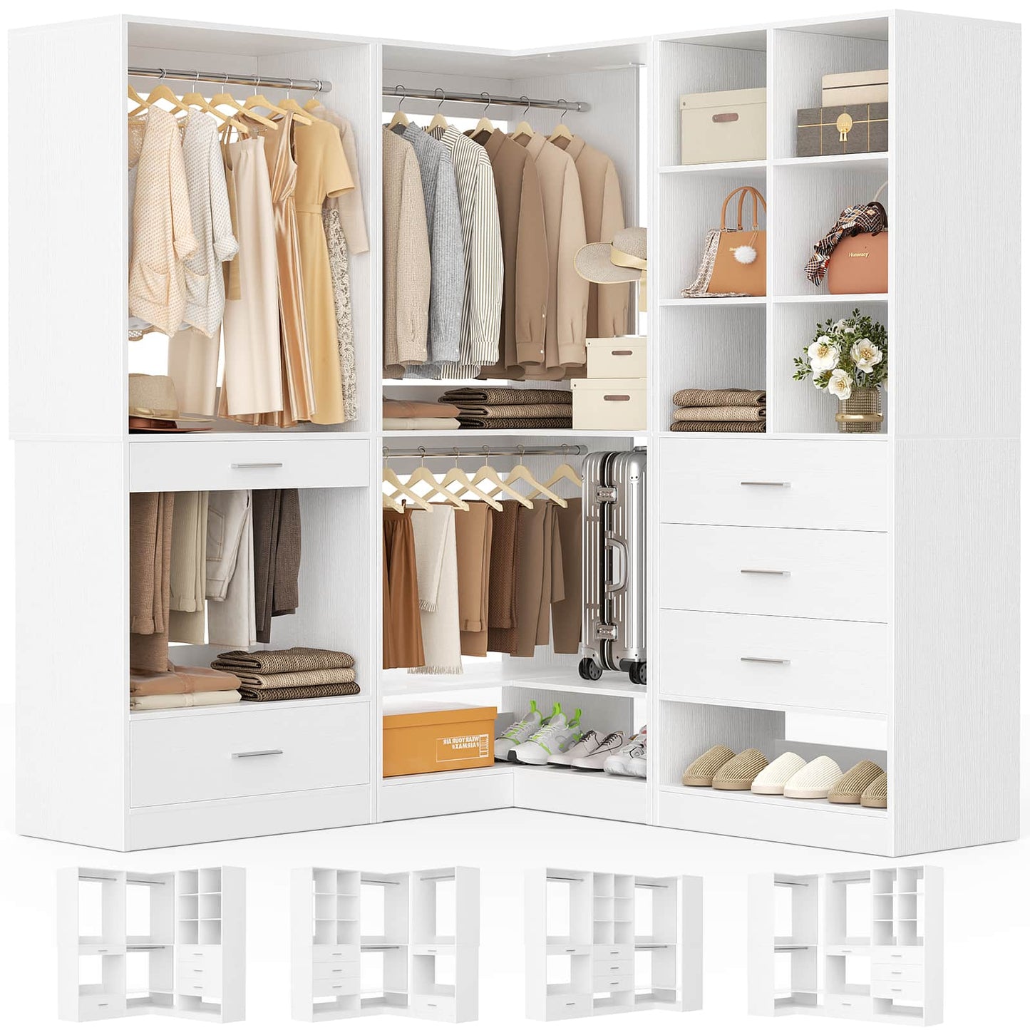 55" Closet Organizers and Storage System with 4 Drawers, 3 Rods & Corner Tower