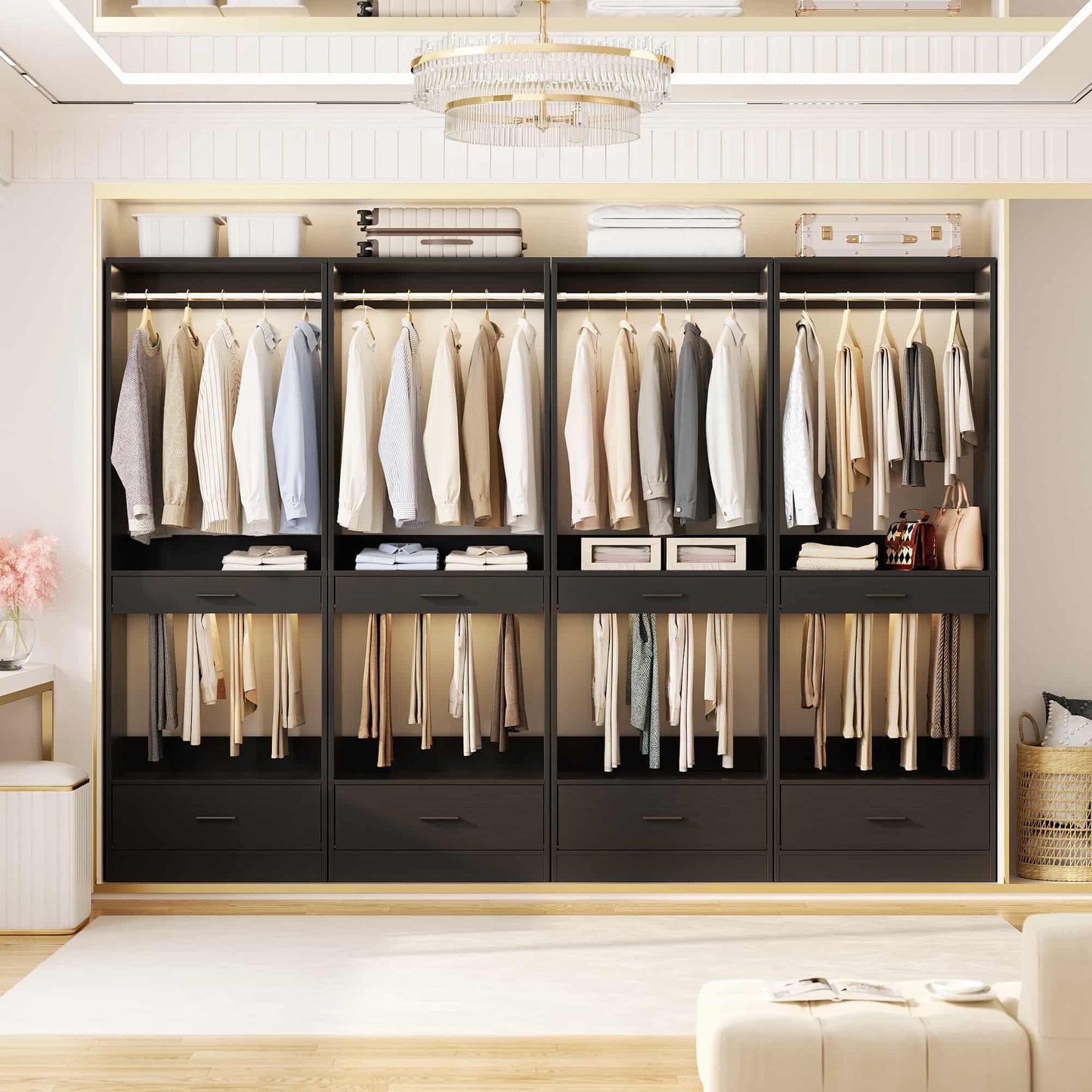 94.4''(7.9ft) Walk-in Closet Organizers with Drawers, Hanging Rods, and Pant Racks