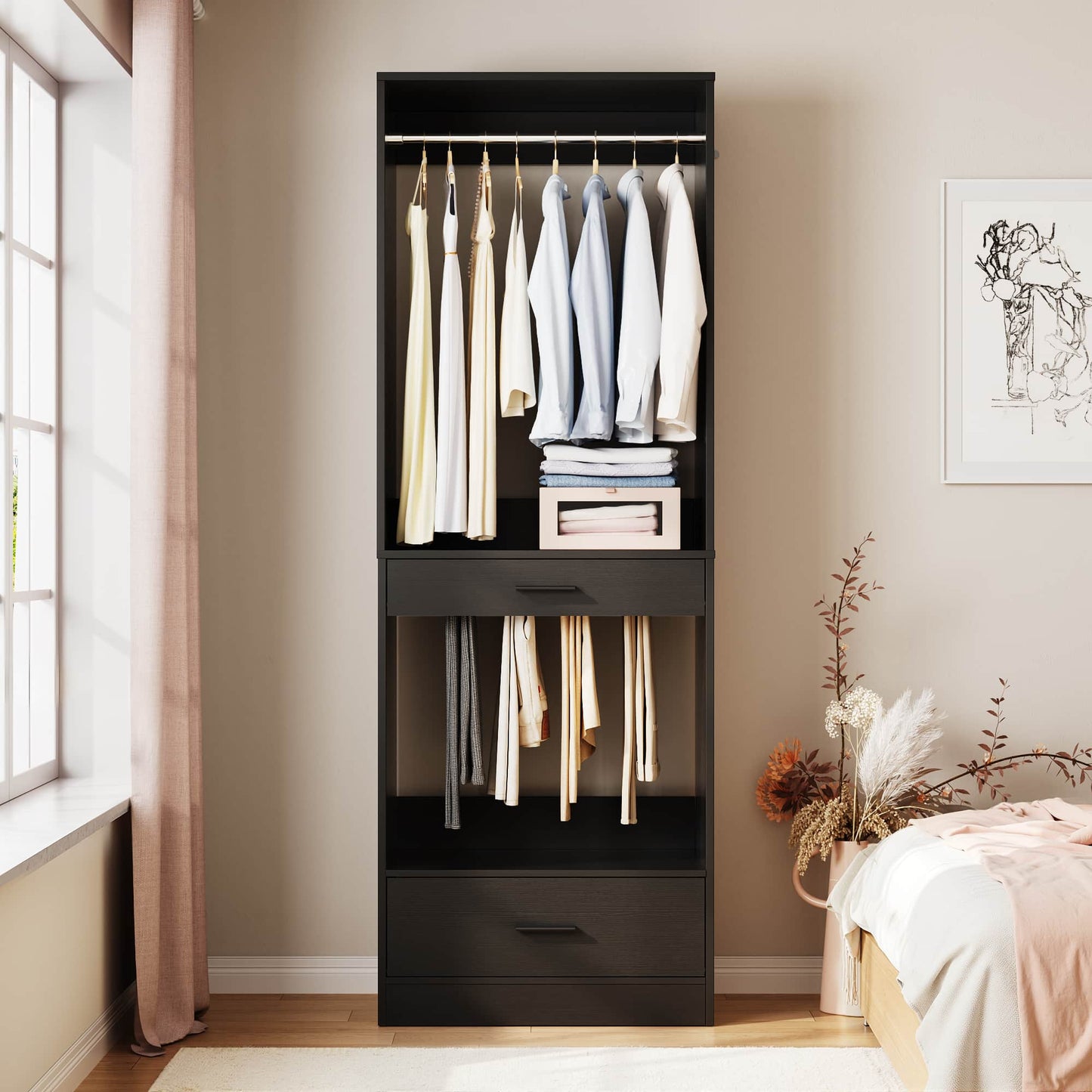 23.6" Walk-in Closet Organizer with Drawer, Pant Rack, and Hanging Rod