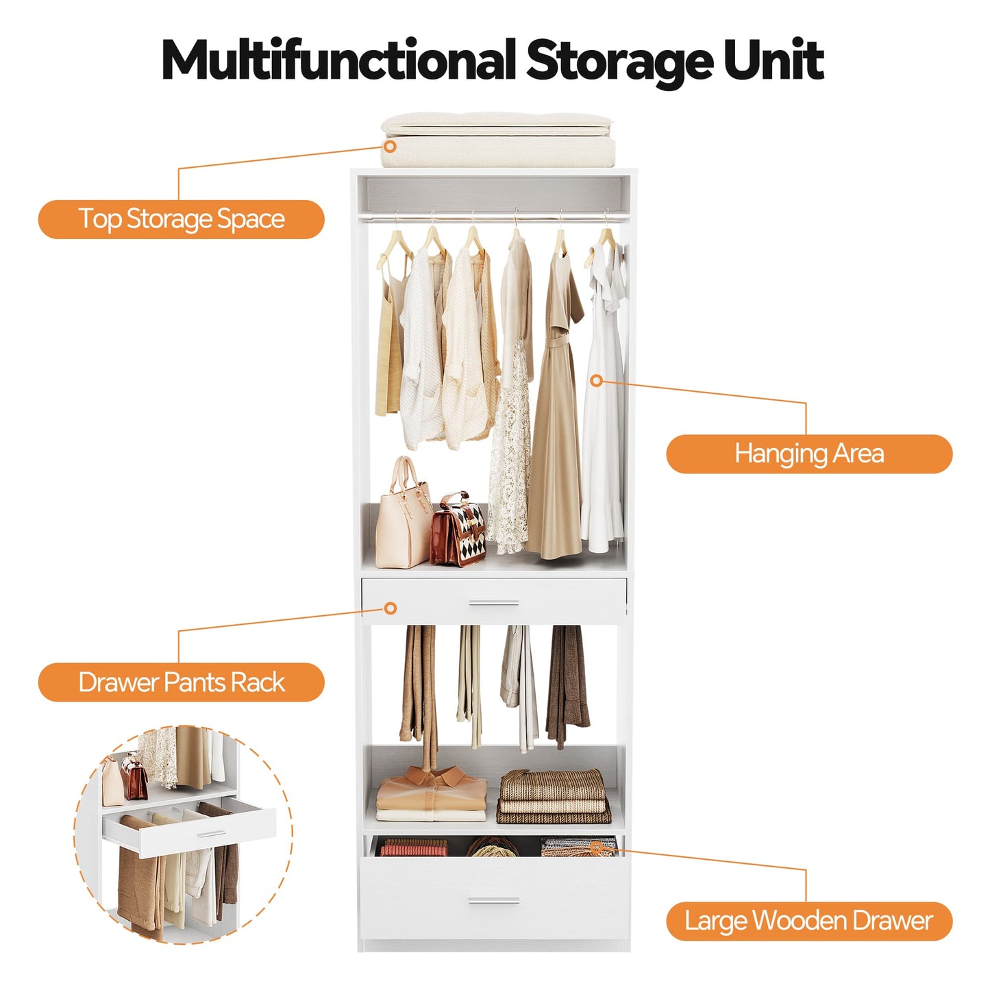 23.6" Walk-in Closet Organizer with Drawer, Pant Rack, and Hanging Rod