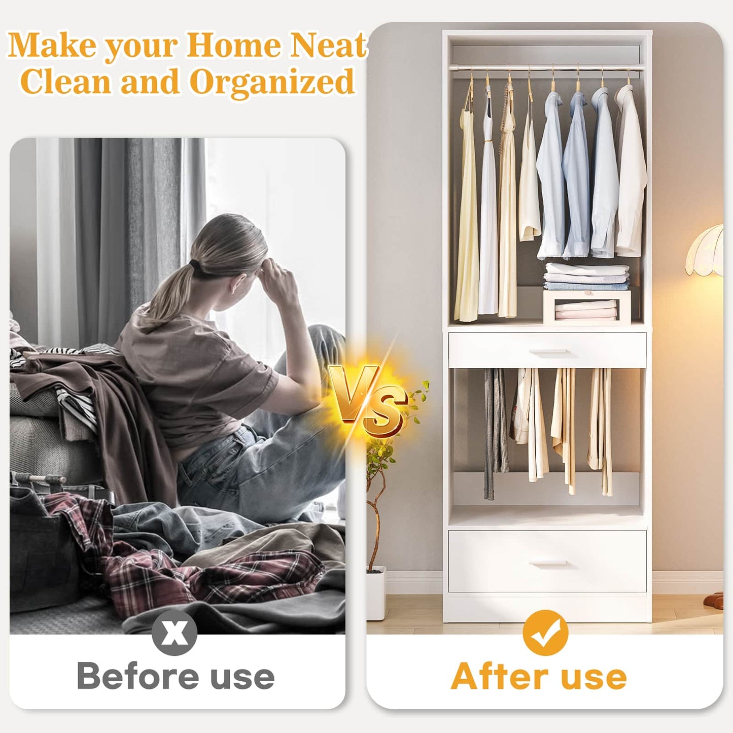 23.6" Walk-in Closet Organizer with Drawer, Pant Rack, and Hanging Rod