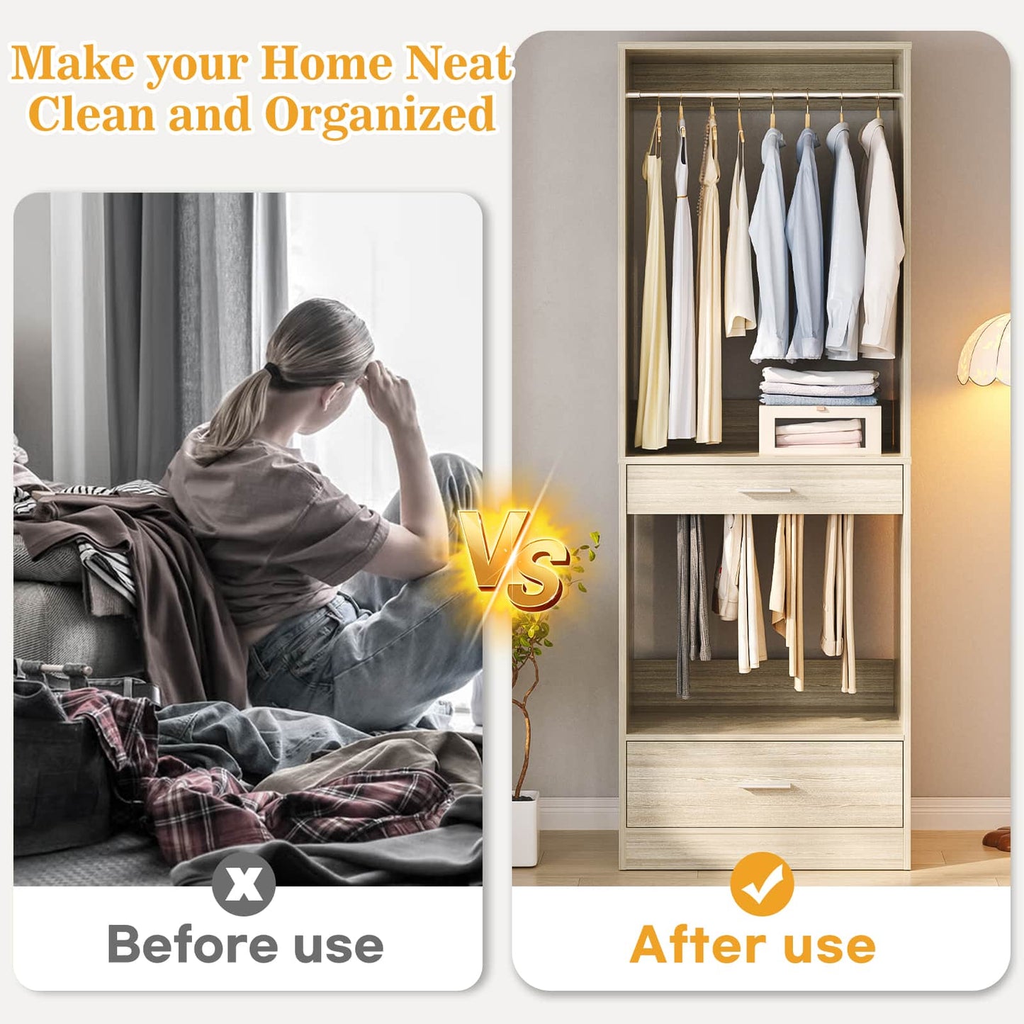 23.6" Walk-in Closet Organizer with Drawer, Pant Rack, and Hanging Rod