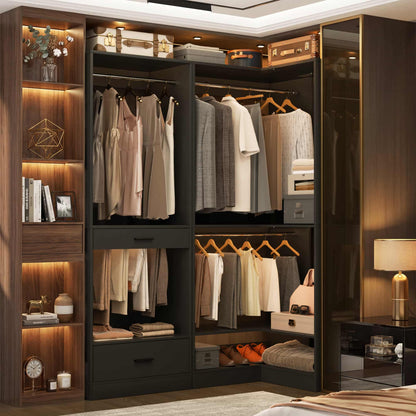 55''L x 34''W Corner Closet Organizer with 3 Hanging Rods, Drawer, Pant Rack