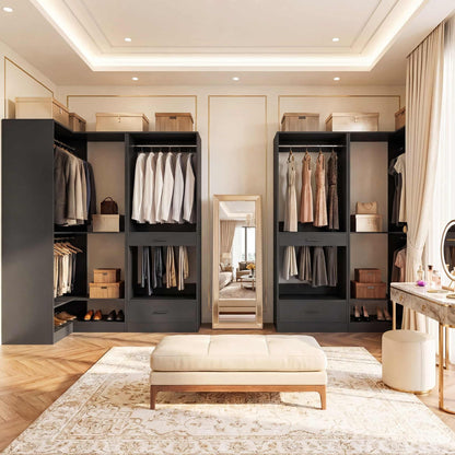 55''L x 34''W Corner Closet Organizer with 3 Hanging Rods, Drawer, Pant Rack