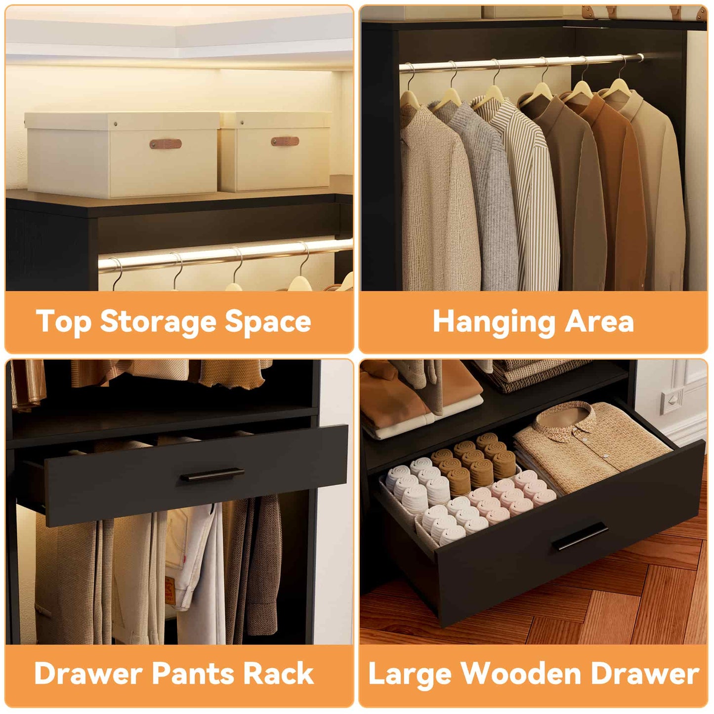 55''L x 34''W Corner Closet Organizer with 3 Hanging Rods, Drawer, Pant Rack