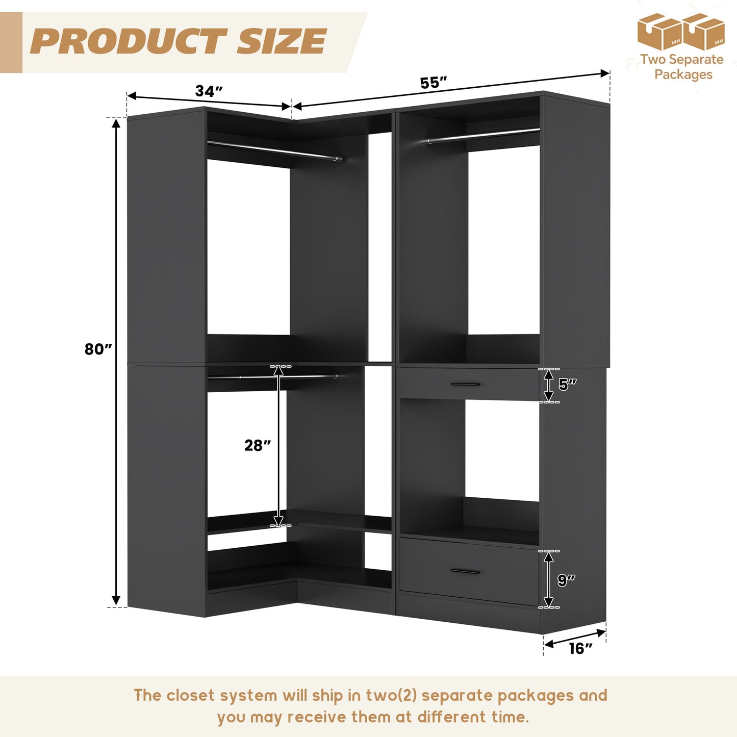 55''L x 34''W Corner Closet Organizer with 3 Hanging Rods, Drawer, Pant Rack