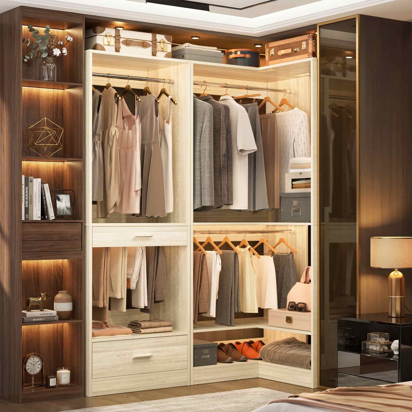 55''L x 34''W Corner Closet Organizer with 3 Hanging Rods, Drawer, Pant Rack