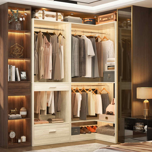 55''L x 34''W Corner Closet Organizer with 3 Hanging Rods, Drawer, Pant Rack