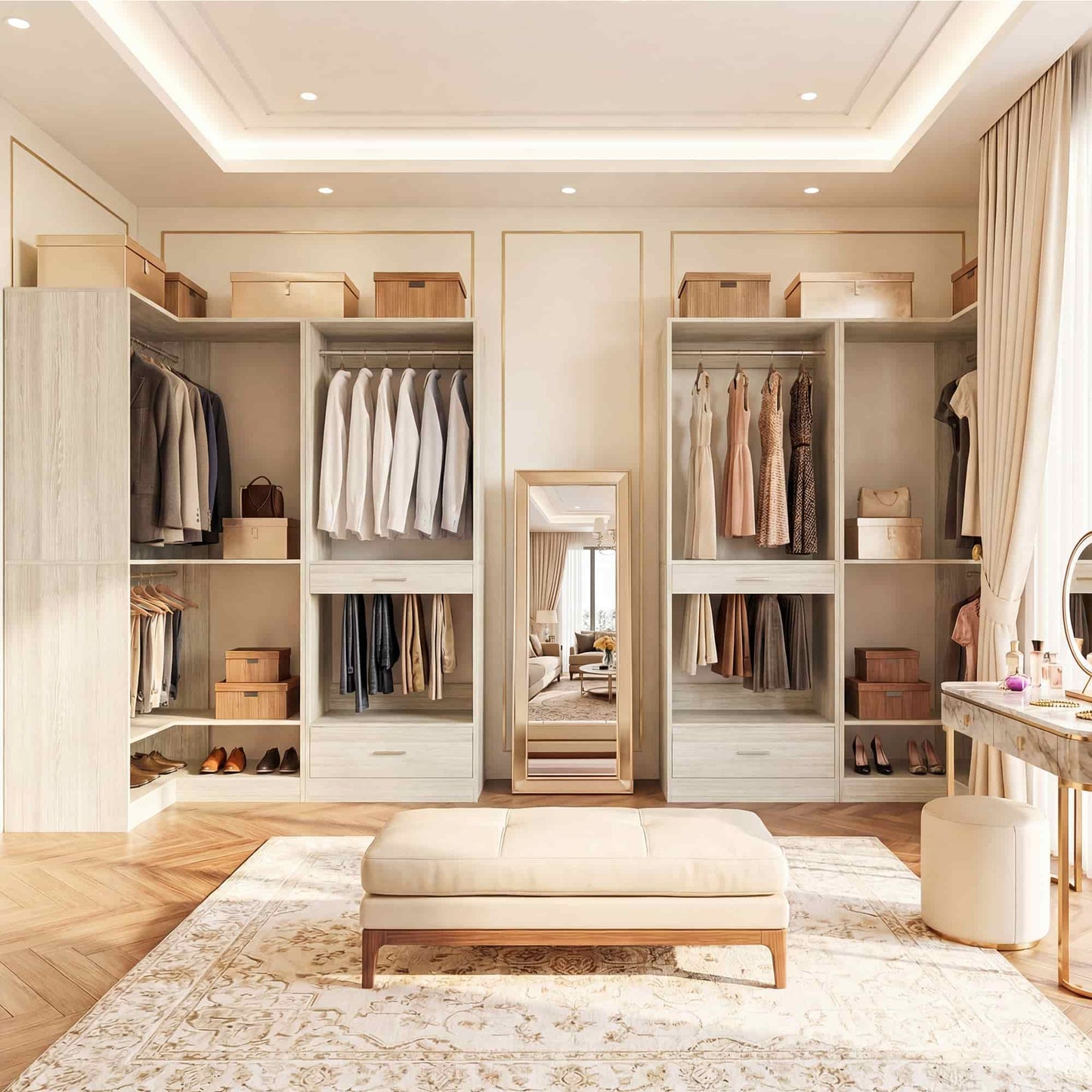 55''L x 34''W Corner Closet Organizer with 3 Hanging Rods, Drawer, Pant Rack