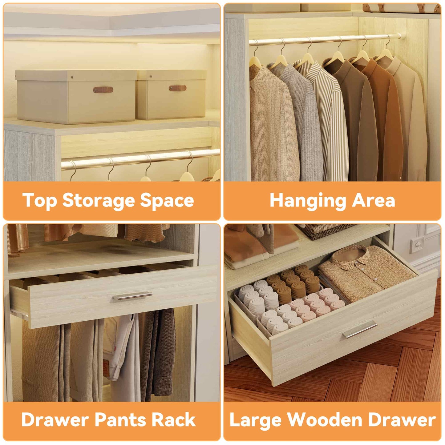 55''L x 34''W Corner Closet Organizer with 3 Hanging Rods, Drawer, Pant Rack