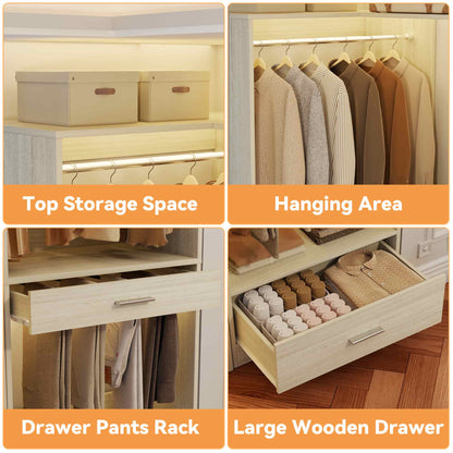 55''L x 34''W Corner Closet Organizer with 3 Hanging Rods, Drawer, Pant Rack