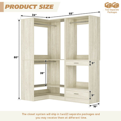 55''L x 34''W Corner Closet Organizer with 3 Hanging Rods, Drawer, Pant Rack