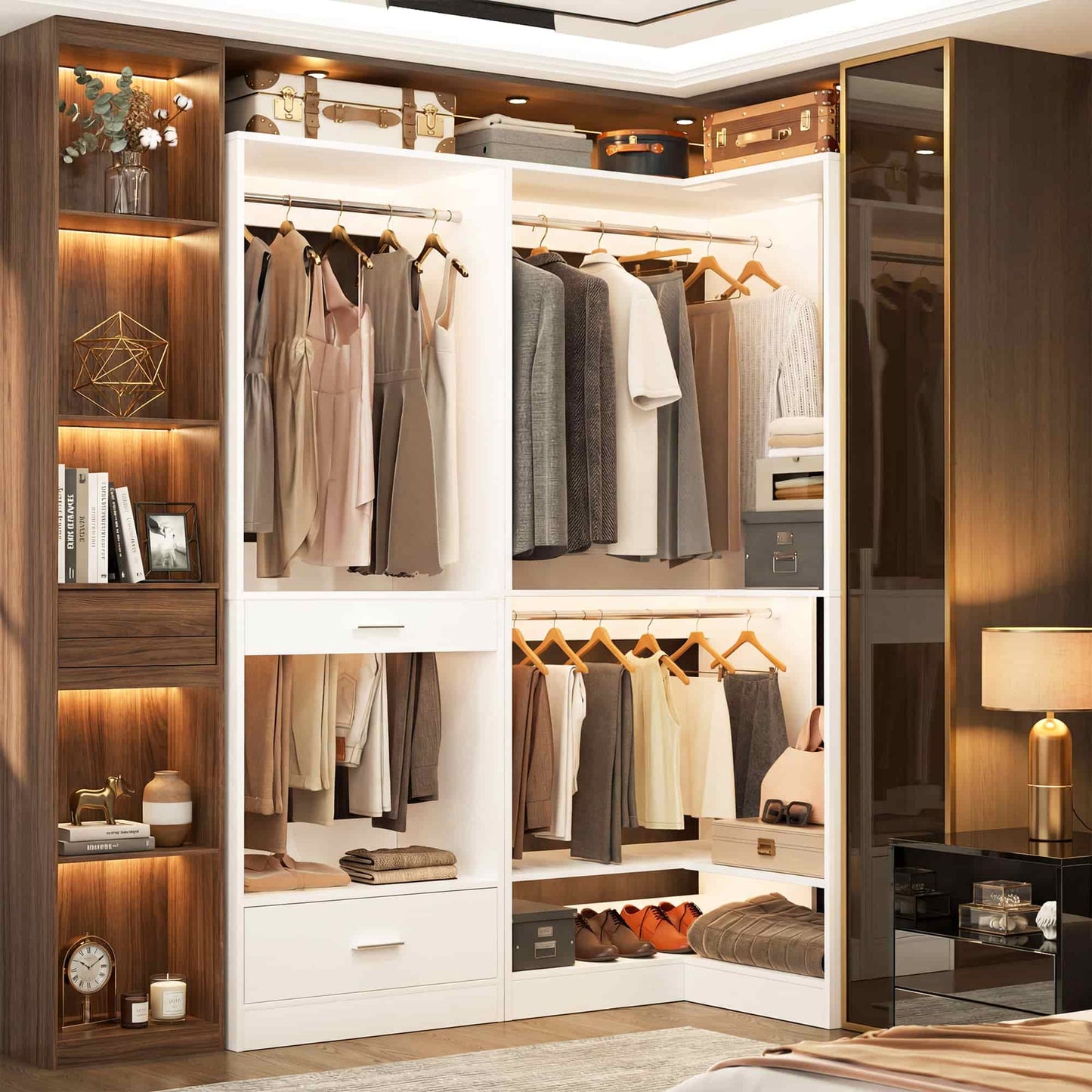 55''L x 34''W Corner Closet Organizer with 3 Hanging Rods, Drawer, Pant Rack
