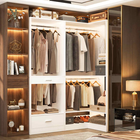 55''L x 34''W Corner Closet Organizer with 3 Hanging Rods, Drawer, Pant Rack