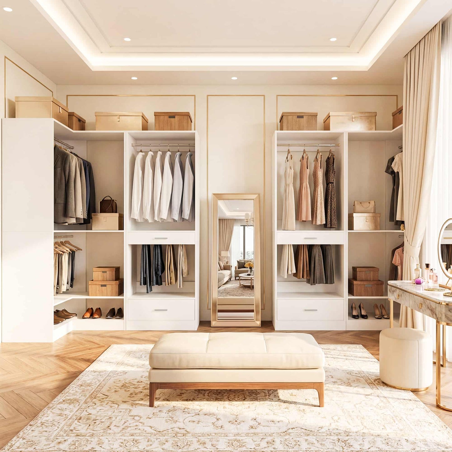 55''L x 34''W Corner Closet Organizer with 3 Hanging Rods, Drawer, Pant Rack