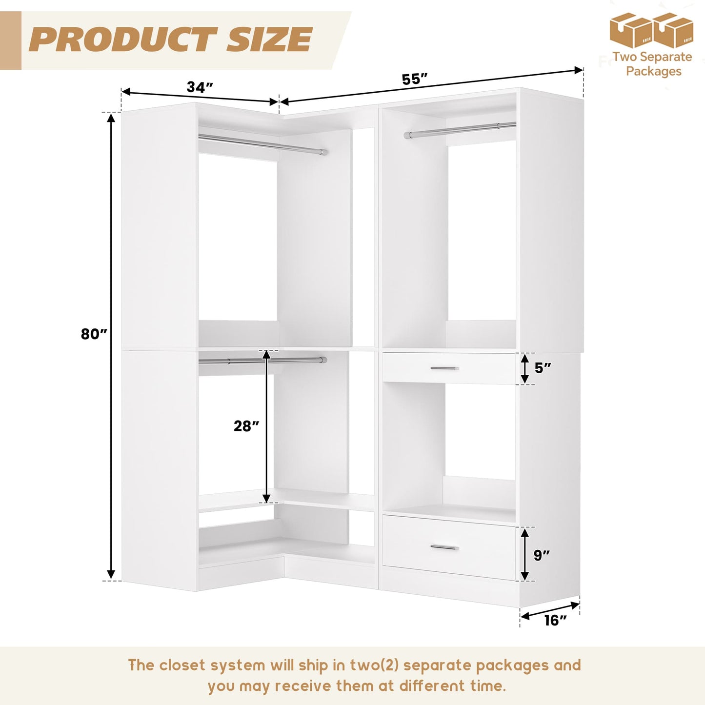 55''L x 34''W Corner Closet Organizer with 3 Hanging Rods, Drawer, Pant Rack
