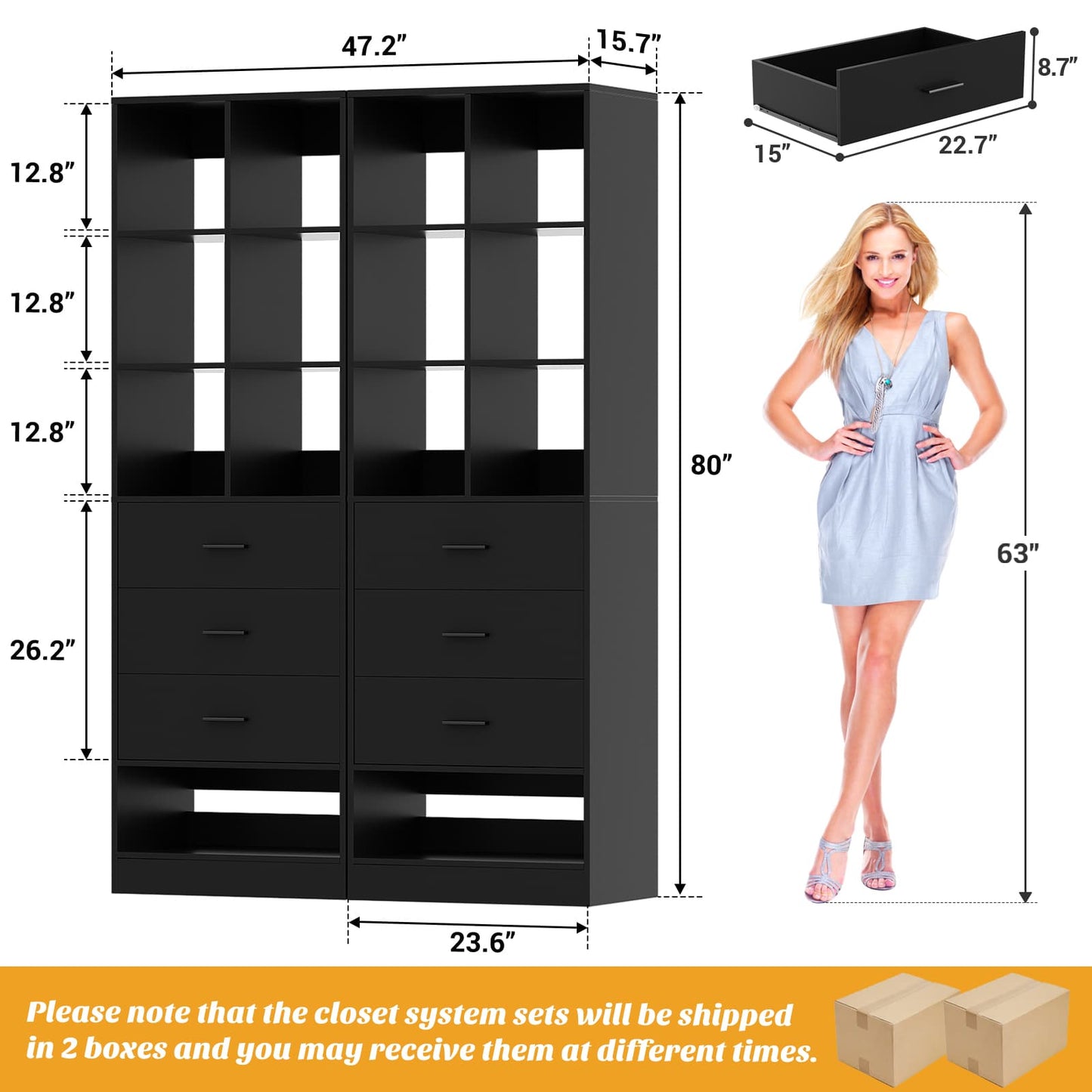 47.2" Modular Closet System Set of 2 with 6 Drawers and 12 Cube Storage