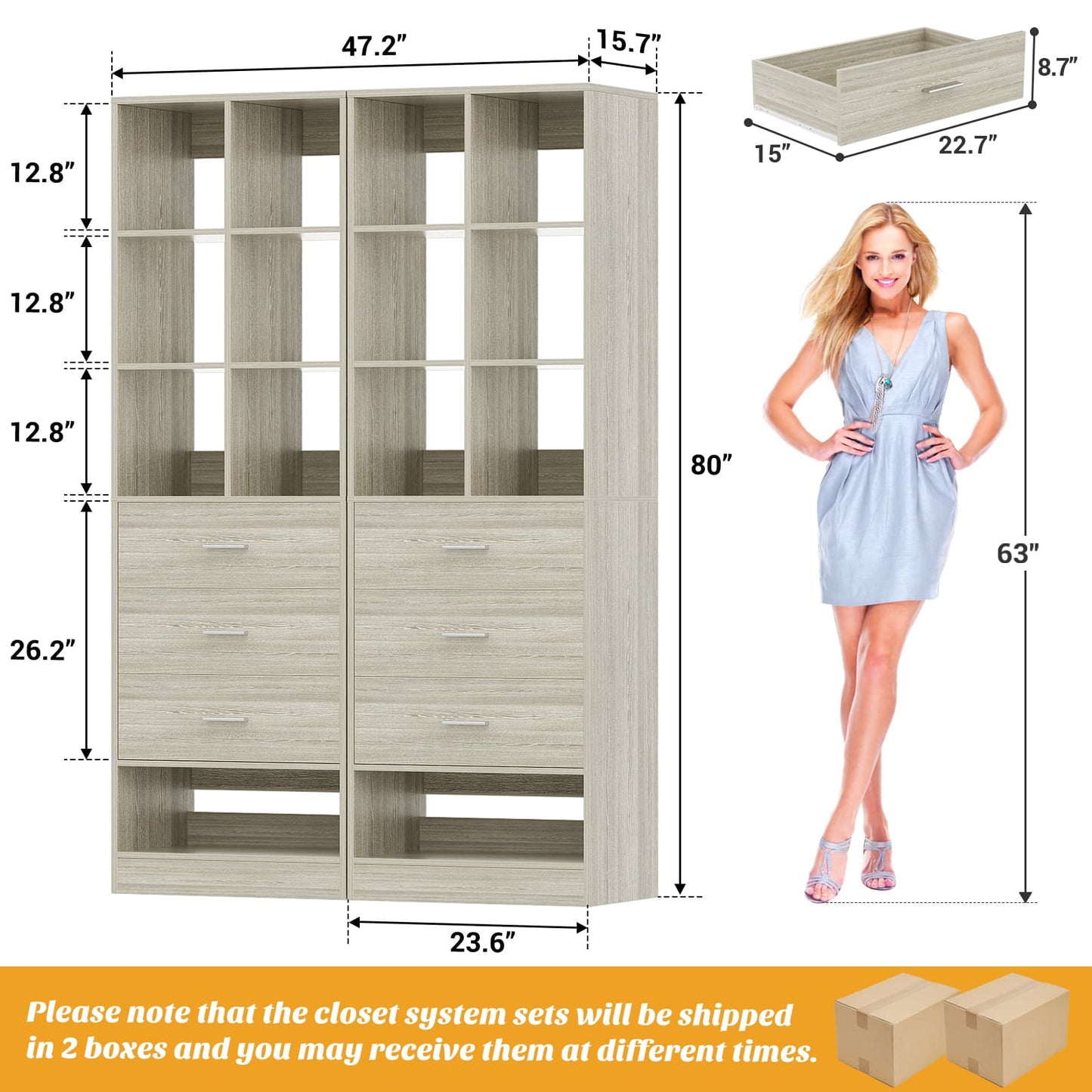 47.2" Modular Closet System Set of 2 with 6 Drawers and 12 Cube Storage