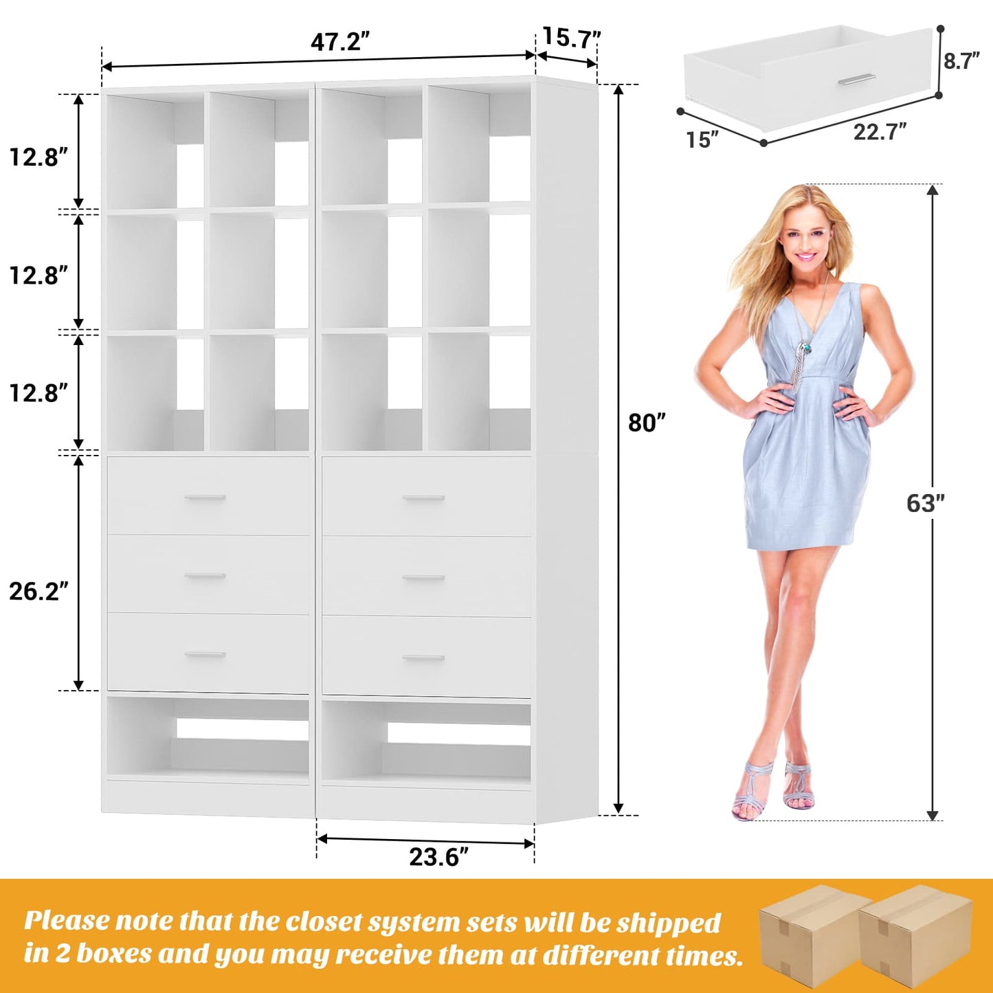 47.2" Modular Closet System Set of 2 with 6 Drawers and 12 Cube Storage