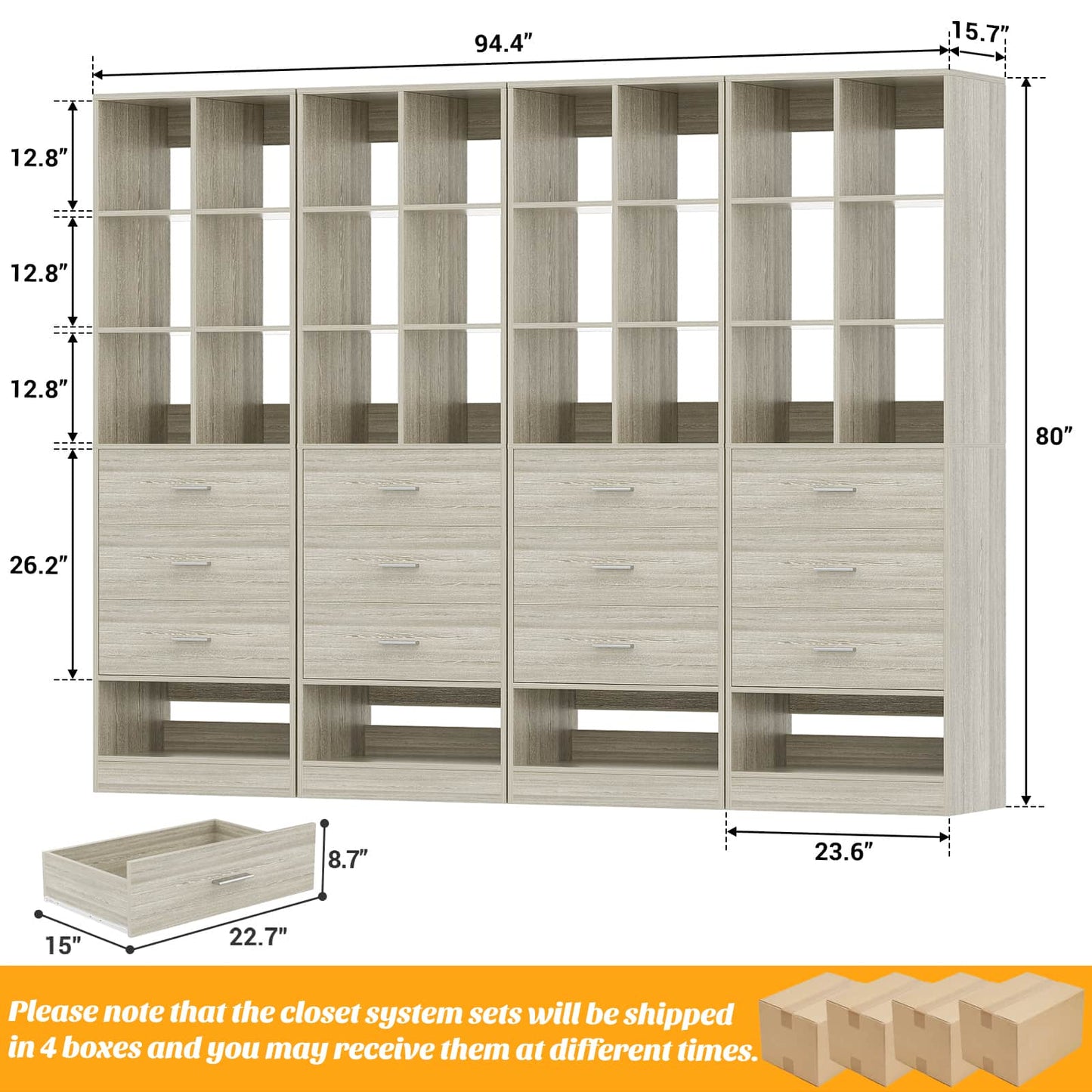 7.9 FT Walk-in Modular Closet System with 12 Drawers & 24 Cube Storage
