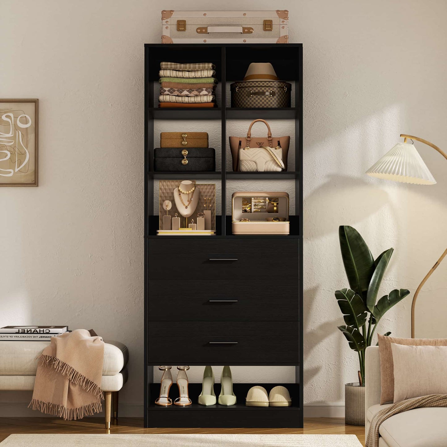 23.6" Freestanding Closet System with 3 Drawers, 6 Cube Storage & Shoe Rack