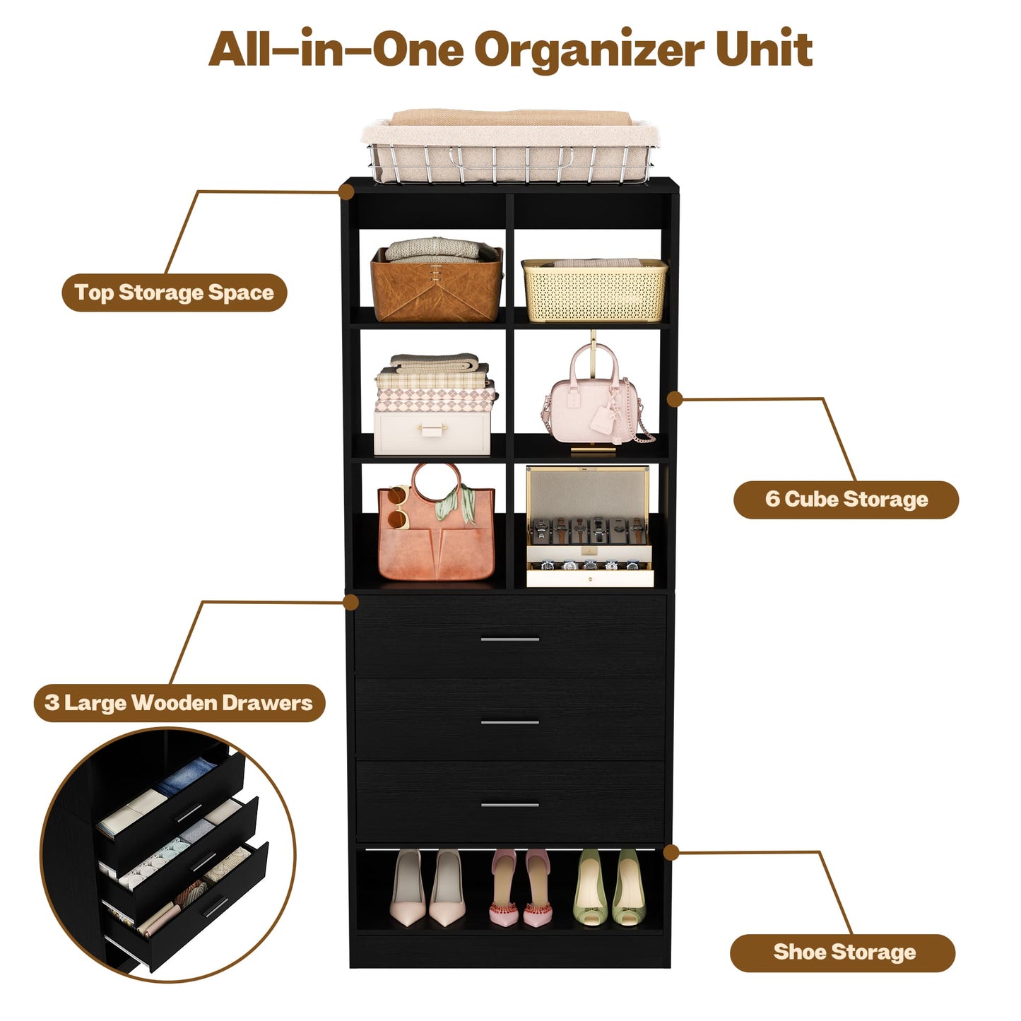 23.6" Freestanding Closet System with 3 Drawers, 6 Cube Storage & Shoe Rack