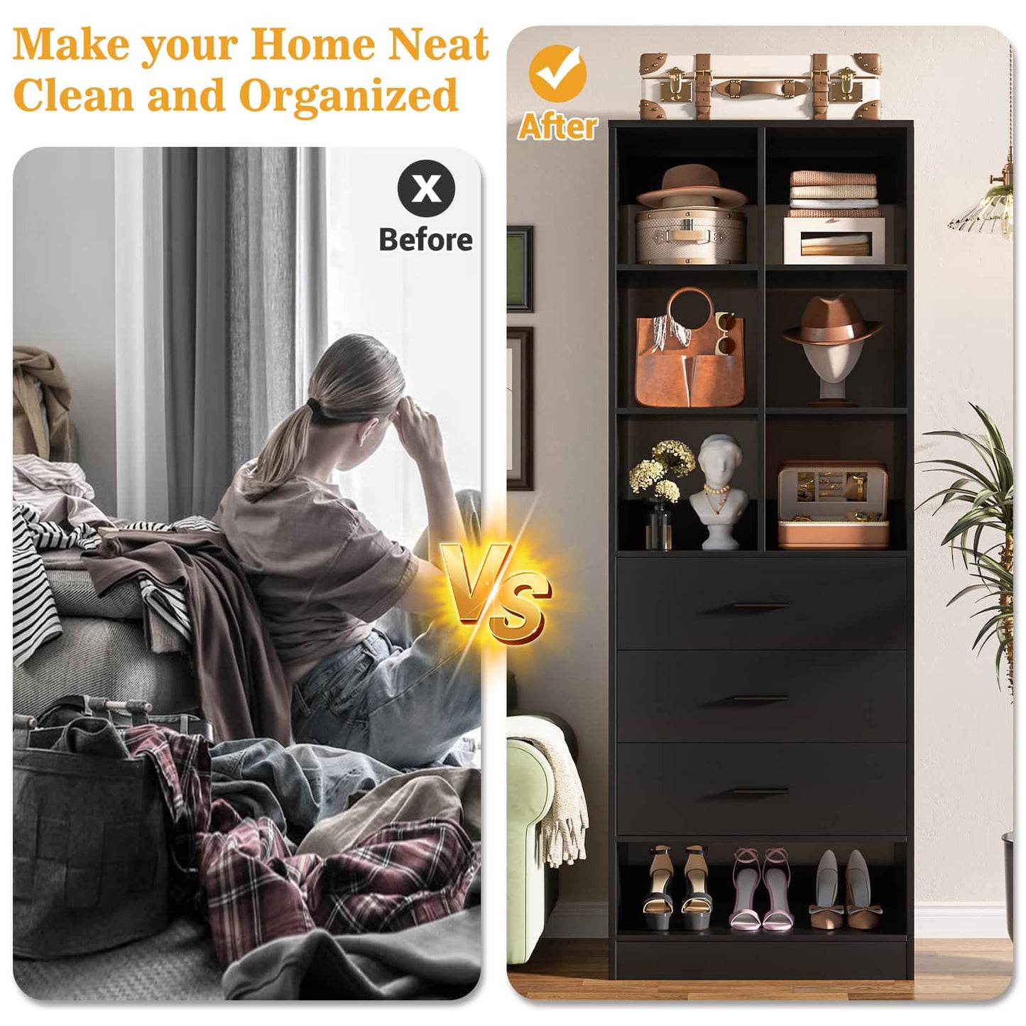 23.6" Freestanding Closet System with 3 Drawers, 6 Cube Storage & Shoe Rack
