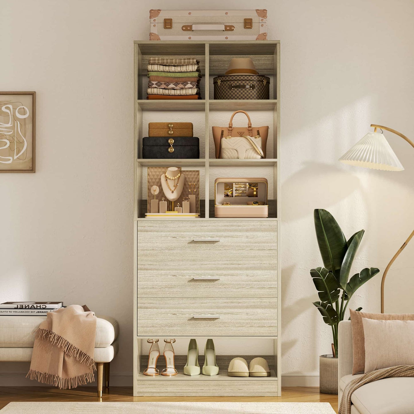 23.6" Freestanding Closet System with 3 Drawers, 6 Cube Storage & Shoe Rack