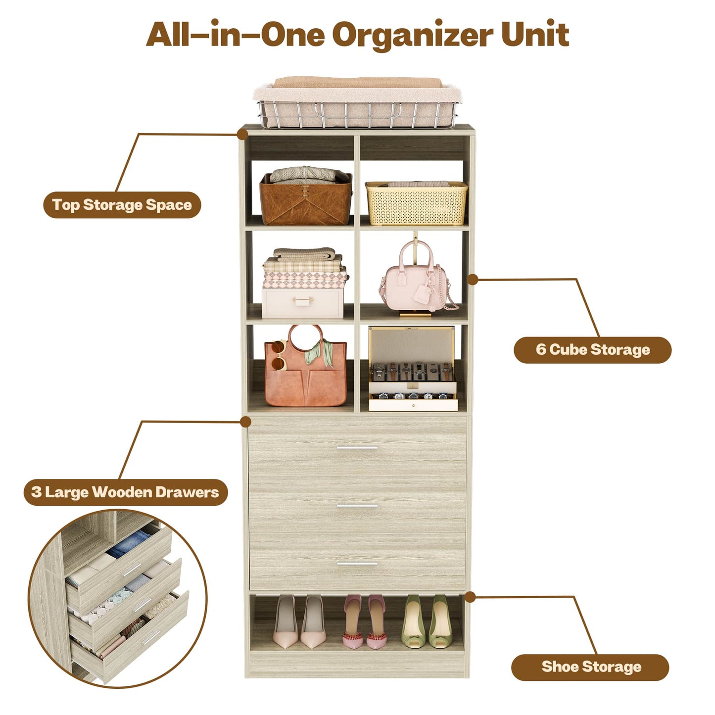 23.6" Freestanding Closet System with 3 Drawers, 6 Cube Storage & Shoe Rack