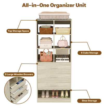 23.6" Freestanding Closet System with 3 Drawers, 6 Cube Storage & Shoe Rack