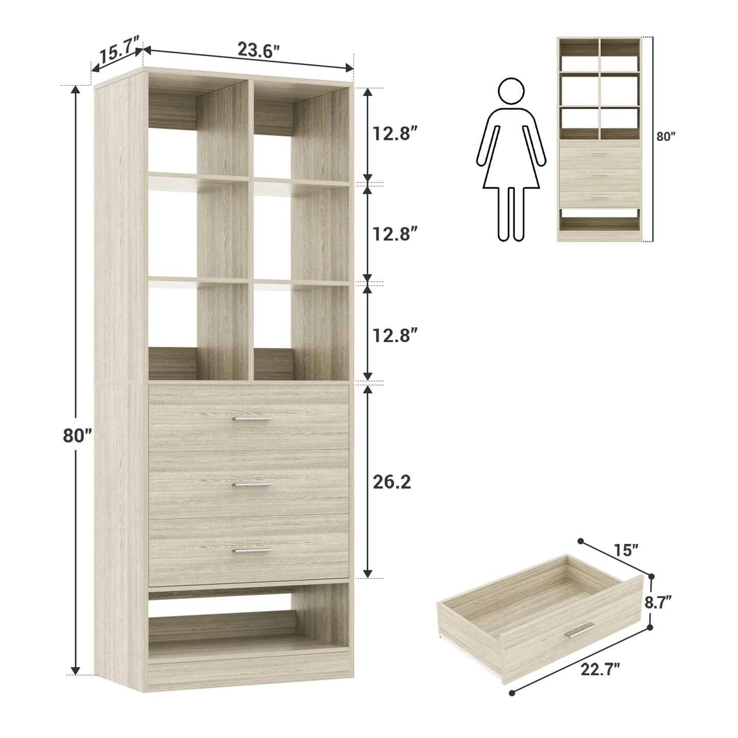 23.6" Freestanding Closet System with 3 Drawers, 6 Cube Storage & Shoe Rack