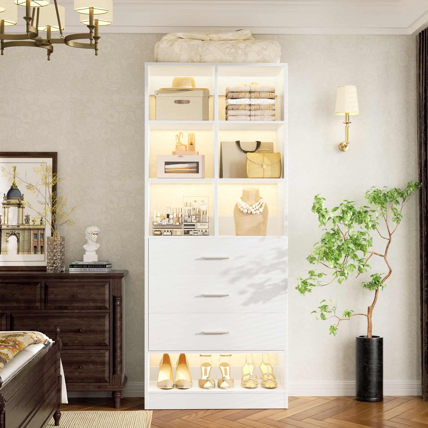 23.6" Freestanding Closet System with 3 Drawers, 6 Cube Storage & Shoe Rack