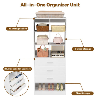 23.6" Freestanding Closet System with 3 Drawers, 6 Cube Storage & Shoe Rack