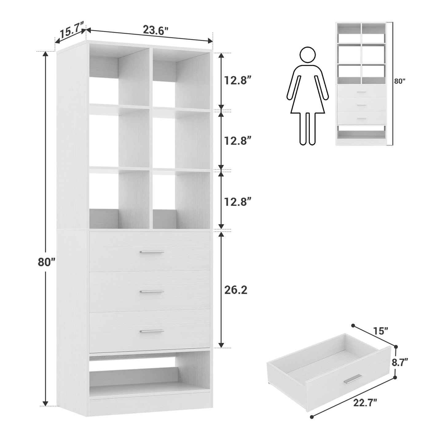 23.6" Freestanding Closet System with 3 Drawers, 6 Cube Storage & Shoe Rack