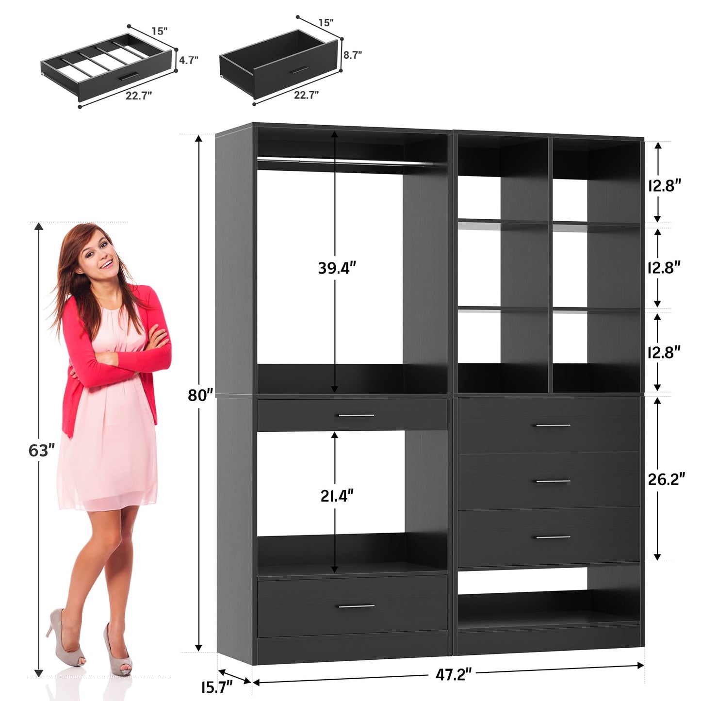 47.2" Modular Closet System with 4 Drawers, Closet Organizers with Cube Storage and Pant Rack