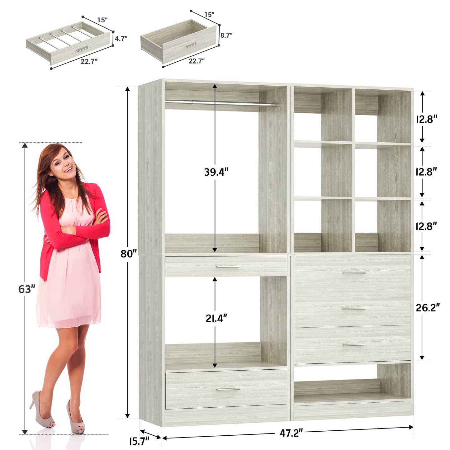 47.2" Modular Closet System with 4 Drawers, Closet Organizers with Cube Storage and Pant Rack