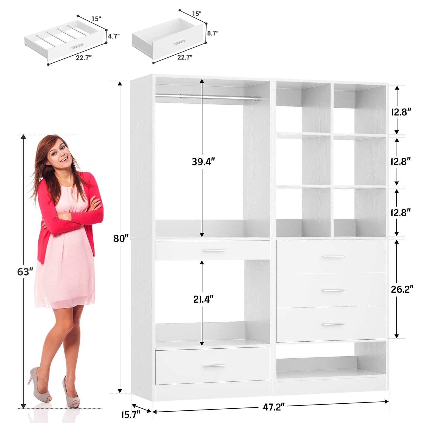47.2" Modular Closet System with 4 Drawers, Closet Organizers with Cube Storage and Pant Rack
