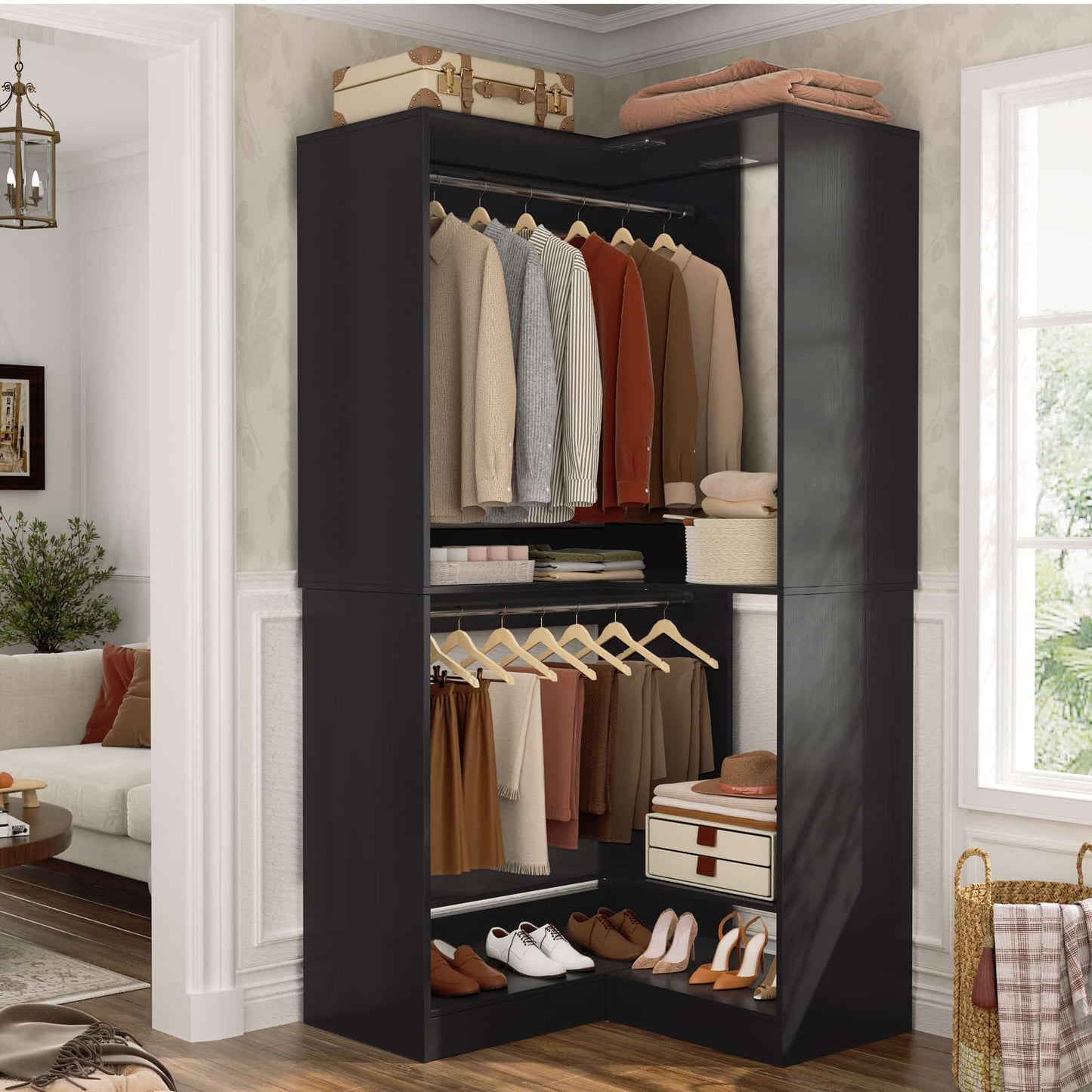 31" Modular Corner Closet Organizer System with 2 Hanging Rods and Shelves