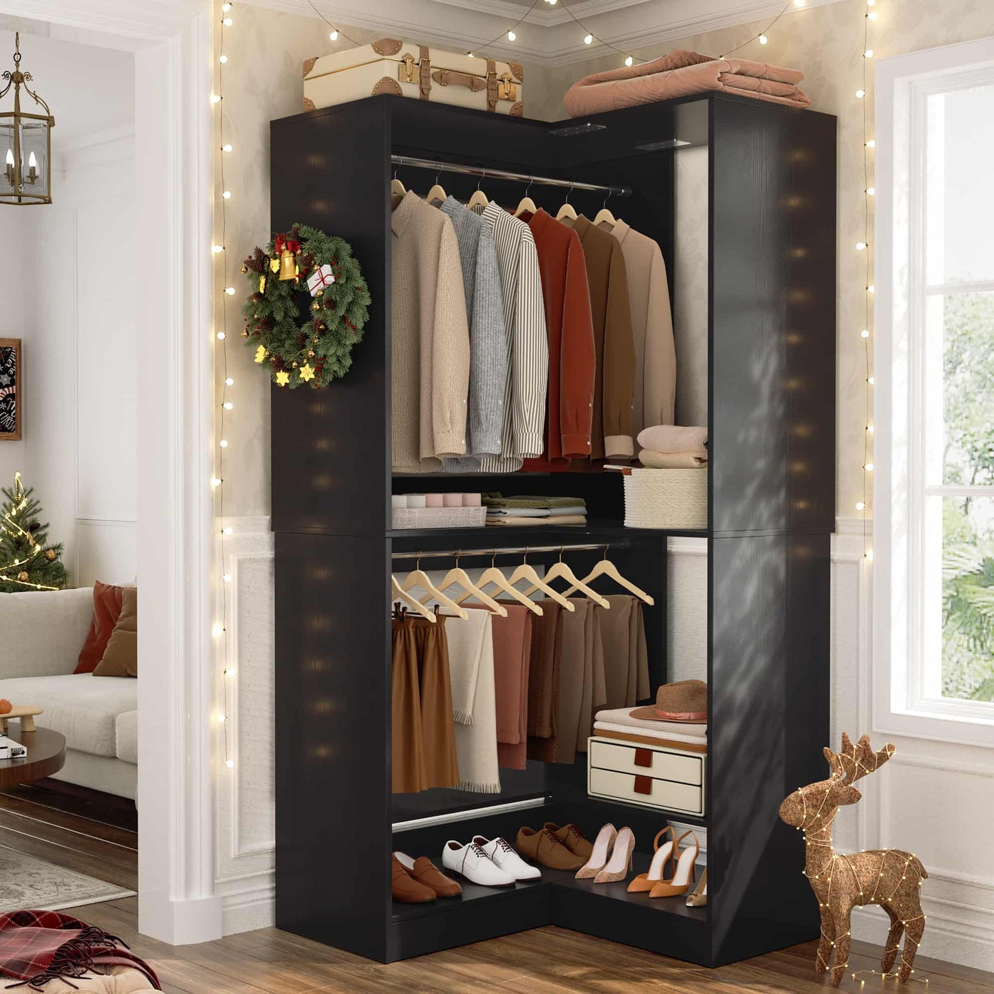 31" Modular Corner Closet Organizer System with 2 Hanging Rods and Shelves