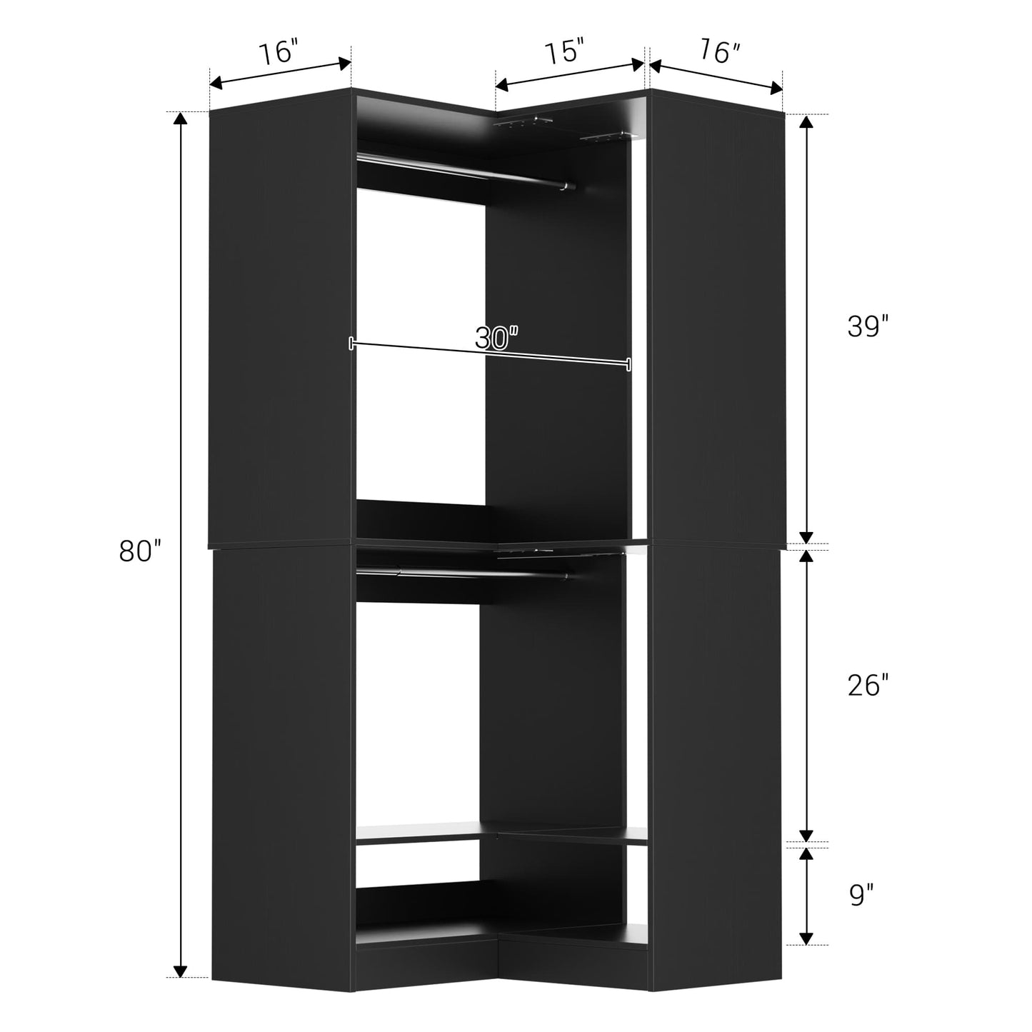 31" Modular Corner Closet Organizer System with 2 Hanging Rods and Shelves