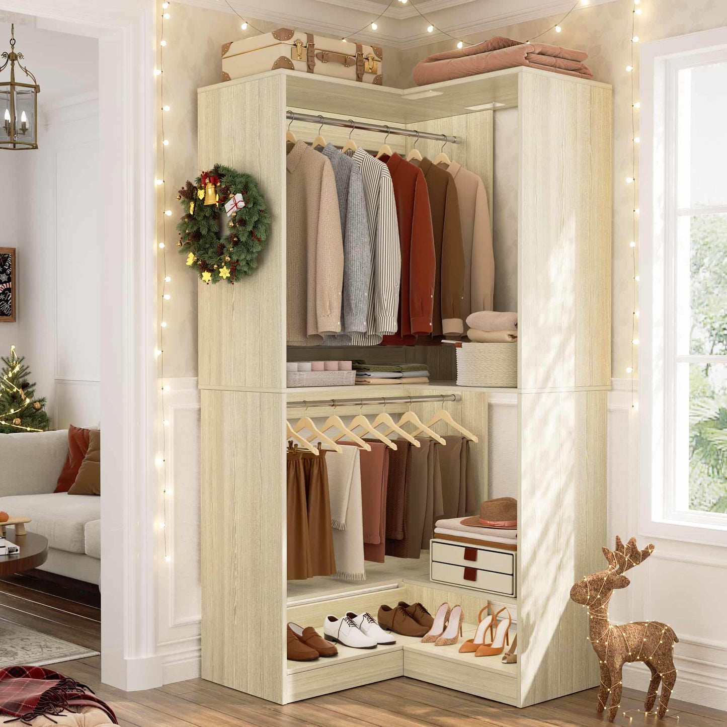 31" Modular Corner Closet Organizer System with 2 Hanging Rods and Shelves