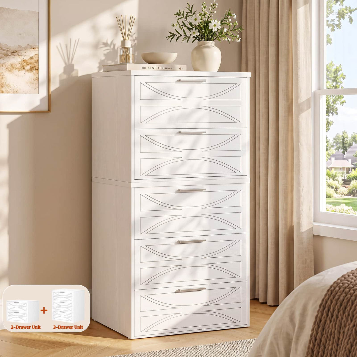 Modern Wood 5 Drawer Dresser with Laser-Etched Drawer Fronts, 20.5" Wide, White