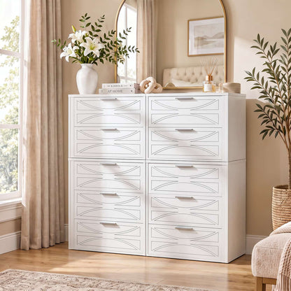 Modern Wood 5 Drawer Dresser with Laser-Etched Drawer Fronts, 20.5" Wide, White