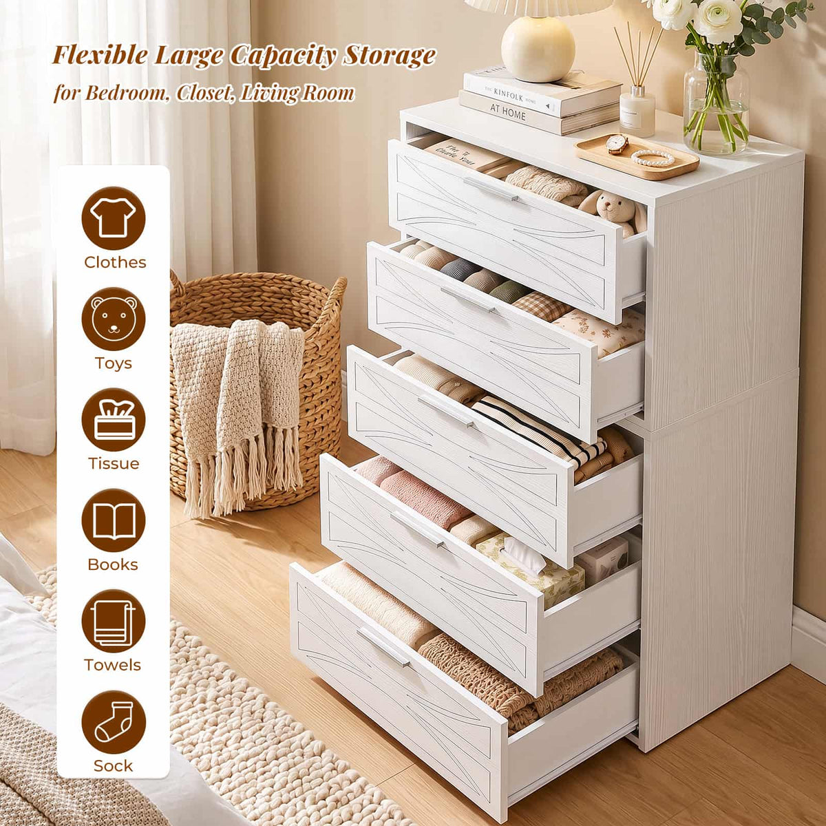 Modern Wood 5 Drawer Dresser with Laser-Etched Drawer Fronts, 20.5" Wide, White