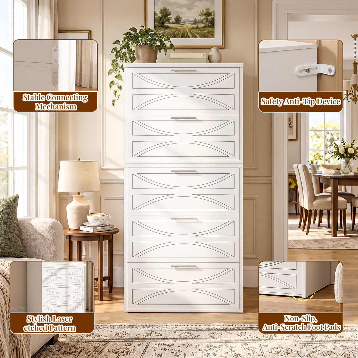 Modern Wood 5 Drawer Dresser with Laser-Etched Drawer Fronts, 20.5" Wide, White