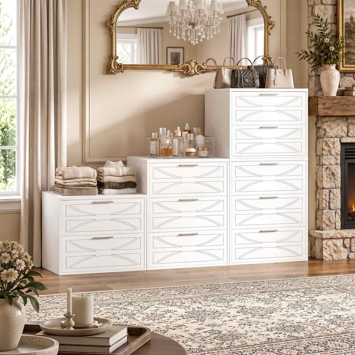 Modern Wood 5 Drawer Dresser with Laser-Etched Drawer Fronts, 20.5" Wide, White