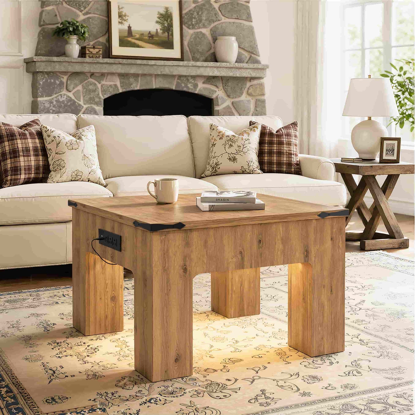 Square Coffee Table with Charging Station and LED Lights