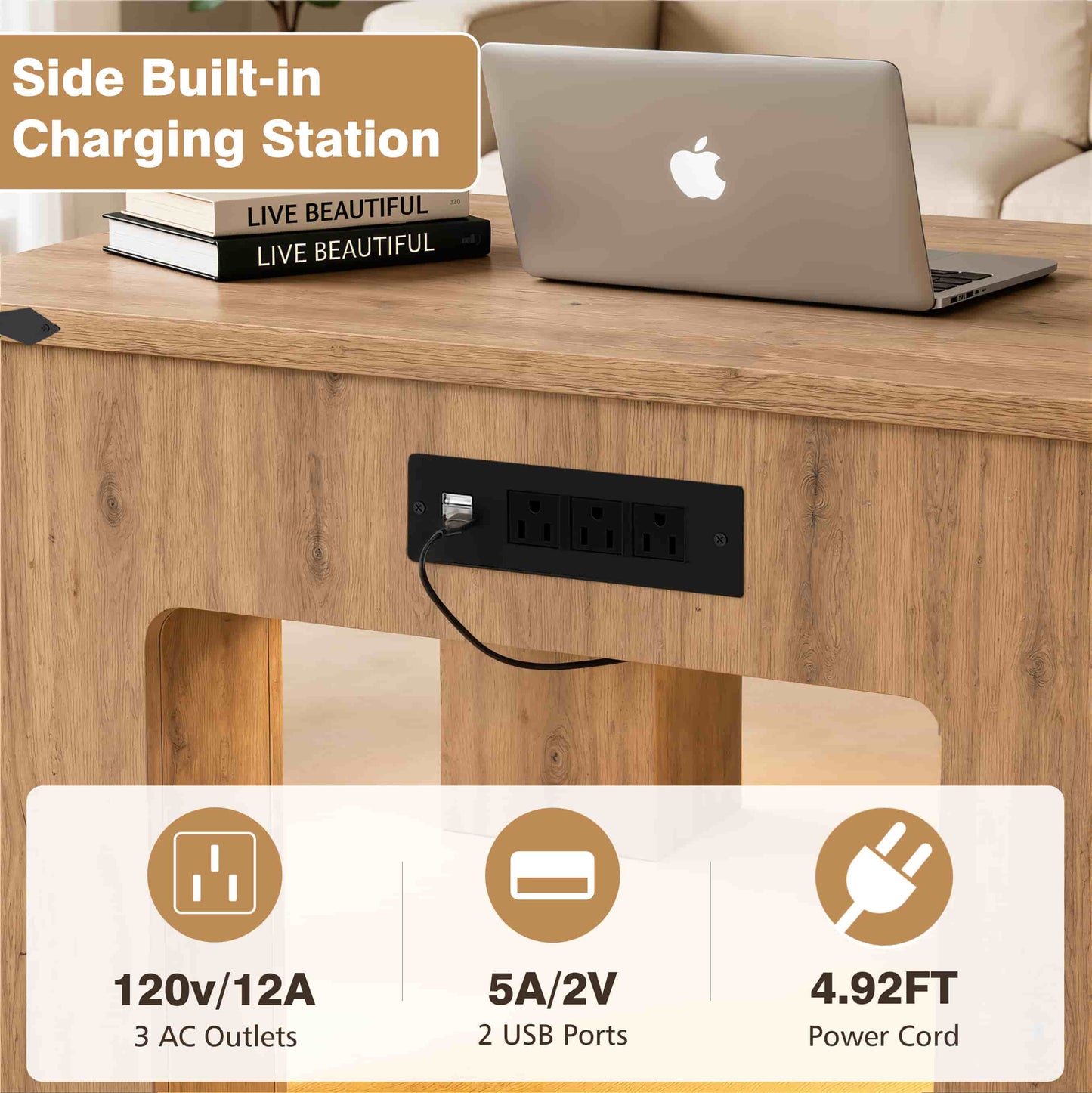Square Coffee Table with Charging Station and LED Lights
