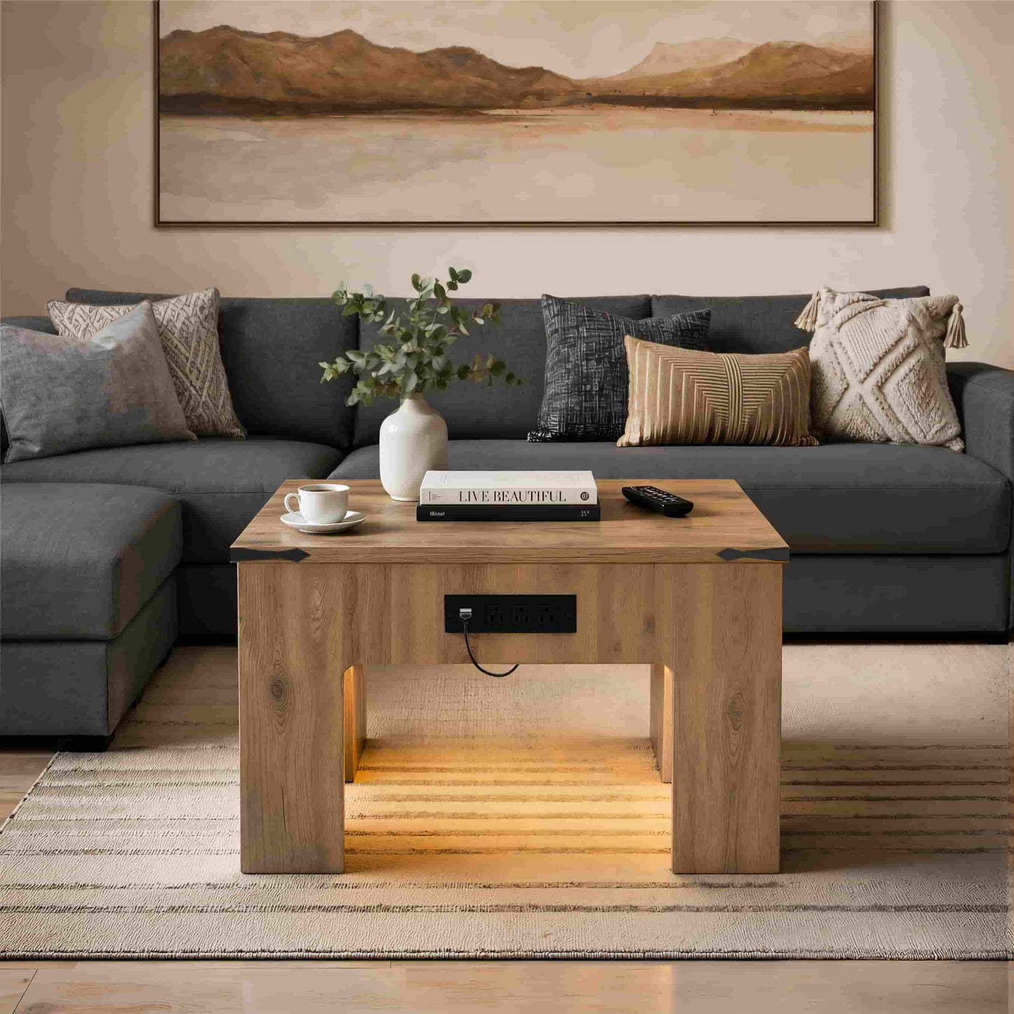 Square Coffee Table with Charging Station and LED Lights