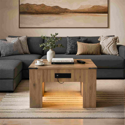 Square Coffee Table with Charging Station and LED Lights